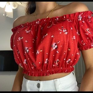 Red flowered off the shoulder crop top